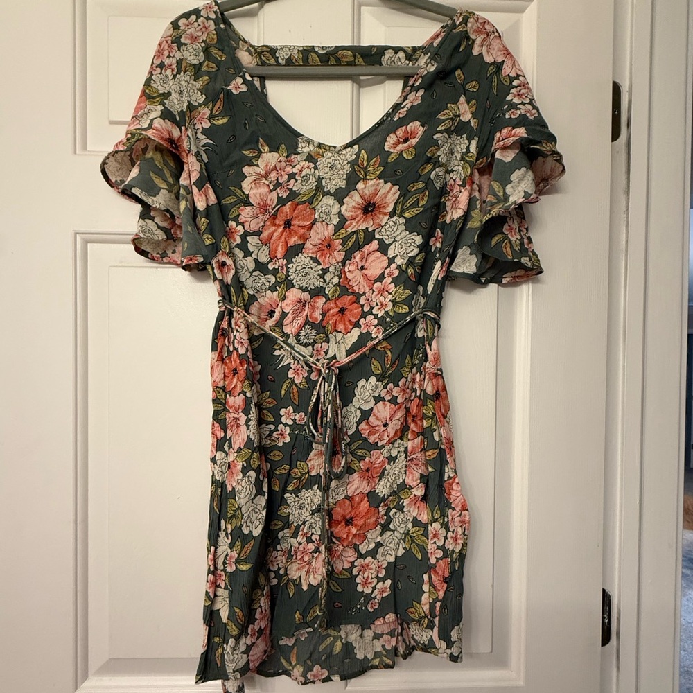 Billabong Green Floral Romper with Coral and Cream Blooms